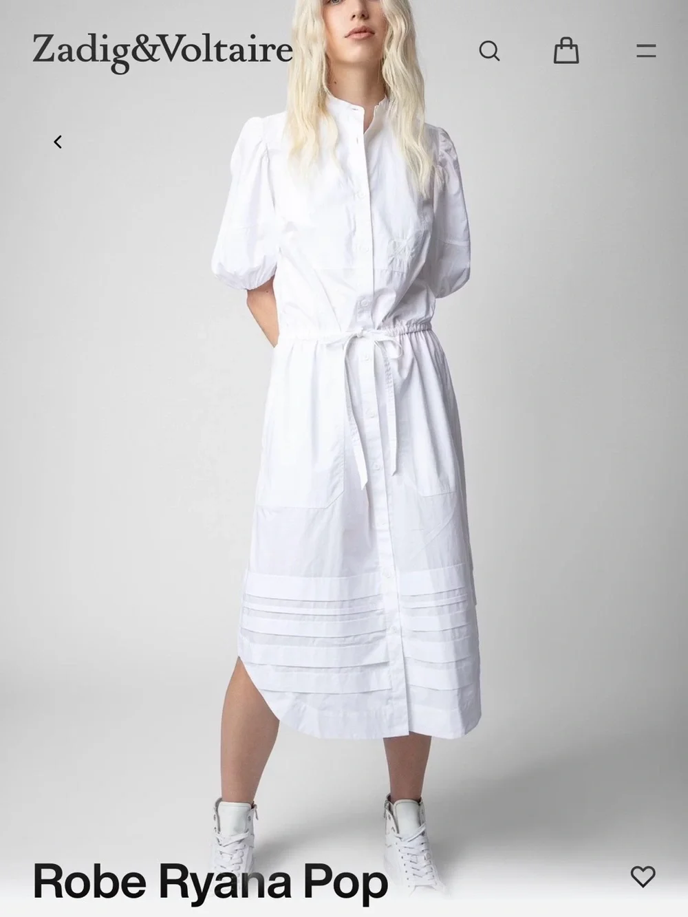 Zadig & Voltaire White Button-Front Midi Dress with Puff Sleeves